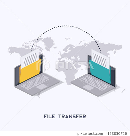 Transfer files. Laptops with folders on screen and transferred documents. Isometrics. Transfer files. Laptops with folders on screen and transferred documents. Isometrics. 138830726