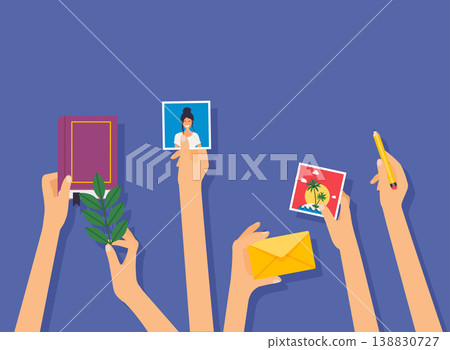 Hands holding different social media objects. Social media marketing concept. Hands holding different social media objects. Social media marketing concept. 138830727