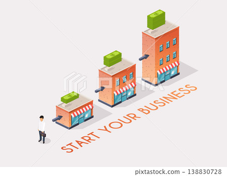 Businessman starts his own business. Isometric flat design modern vector illustration concept. 138830728