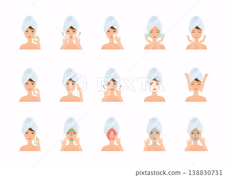Big set of face care routine. Steps how to apply facial mask, cleaning, have a face mask and care face. Skincare vector. Big set of face care routine. Steps how to apply facial mask, cleaning, have a face mask and care face. Skincare vector. 138830731