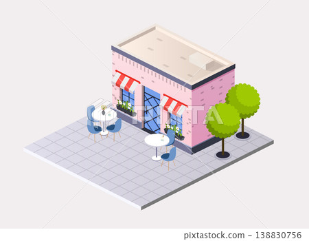 Vector isometric restaurant cafe with  outdoor tables. 138830756