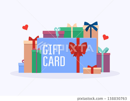 Gift card and promotion strategy, gift voucher, discount coupon with different gift box on a background. Gift card and promotion strategy, gift voucher, discount coupon with different gift box on a background. 138830763
