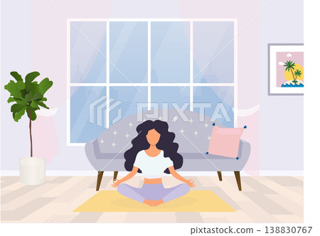 Young woman sitting in yoga posture and meditating. Meditation, relaxation at home. Young woman sitting in yoga posture and meditating. Meditation, relaxation at home. 138830767