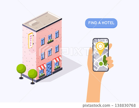 Hand holding mobile smart phone with application search hotel. Find hotel on city map. Flat design style modern vector illustration concept. Hand holding mobile smart phone with application search hotel. Find hotel on city map. Flat design style modern vector illustration concept. 138830768