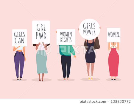 Women protesters. Vector illustration of people holding signs, banner and placards on a protest demostration or picket. 138830772