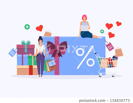 Gift card with percent sign and promotion strategy, gift voucher, discount coupon. Shopping girl. Online shopping. 138830773