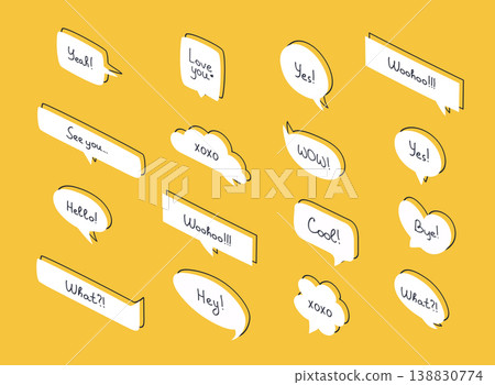 Set of isometric speech bubbles. Questions speech bubbles set in flat design with short messages. Set of isometric speech bubbles. Questions speech bubbles set in flat design with short messages. 138830774