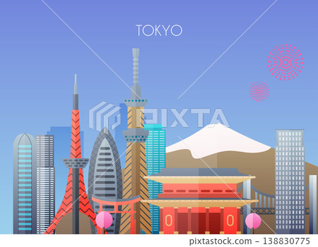 Travel to Tokyo. Traveling on airplane, planning a summer vacation, tourism and journey objects and passenger luggage. Flat design modern vector illustration concept. 138830775