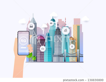 5G High speed internet network communication. Mobile smartphone with 5G icons. City on a background. 5G High speed internet network communication. Mobile smartphone with 5G icons. City on a background. 138830800