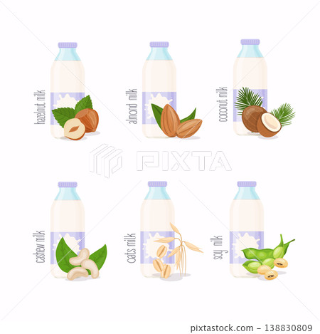 Different variation of plant based milk. Nuts set: hazelnut, coconut, almond, soy bean, oat, cashew. 138830809