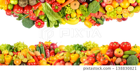 Panorama of fruits, vegetables and berries isolated on white background for project. Panorama of fruits, vegetables and berries isolated on white background for project. 138830821