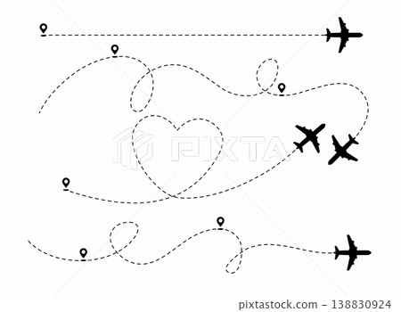 Set of planes path with location pins vector illustration. Heart dashed line trace and plane routes. Set of planes path with location pins vector illustration. Heart dashed line trace and plane routes. 138830924