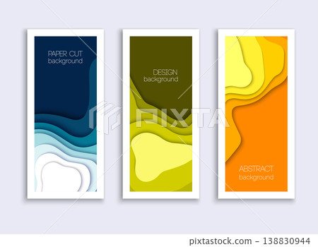 Set of 3 backgrounds with colorful paper cut shapes. 3D abstract paper art style, design layout for business presentation. Cover layout design template. Set of 3 backgrounds with colorful paper cut shapes. 3D abstract paper art style, design layout for business presentation. Cover layout design template. 138830944