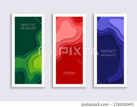 Set of 3 backgrounds with colorful paper cut shapes. 3D abstract paper art style, design layout for business presentation. Cover layout design template. Set of 3 backgrounds with colorful paper cut shapes. 3D abstract paper art style, design layout for business presentation. Cover layout design template. 138830945