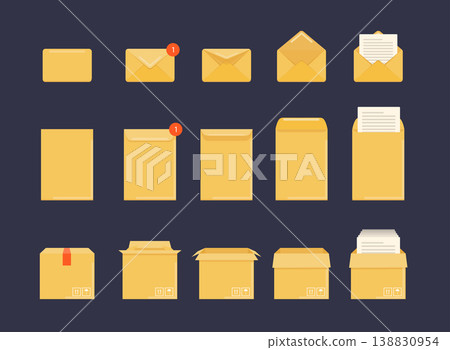 Opened and closed envelope, box and  with note paper card. Mockup set. 138830954