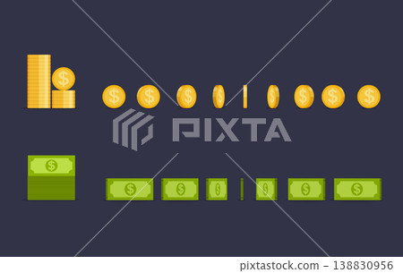 Coin and dollars turn around, animation for game and apps. Money in different positions isolated. Coin and dollars turn around, animation for game and apps. Money in different positions isolated. 138830956