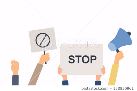 Hands with protests placards. Banner and placards on a protest demostration or picket. People against violence, pollution, descrimination, human rights violation. Hands with protests placards. Banner and placards on a protest demostration or picket. People against violence, pollution, descrimination, human rights violation. 138830961