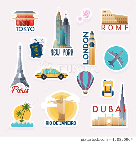 Set of vector travelling stickers. Stickers and elements set with landmarks of the world. 138830964