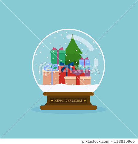 Merry christmas glass ball with christmas tree and gifts. Flat design modern vector illustration concept. Merry christmas glass ball with christmas tree and gifts. Flat design modern vector illustration concept. 138830966