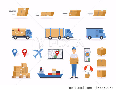 Set of shipping related vector objects. Delivery man and track. Set of shipping related vector objects. Delivery man and track. 138830968