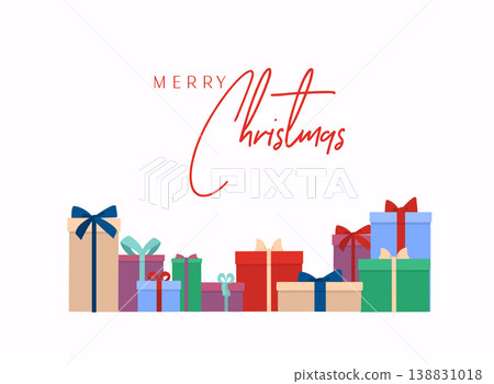 Merry Christmas vector text Calligraphic Lettering design card template. Gift boxes bunch. Isolated on white. Merry Christmas vector text Calligraphic Lettering design card template. Gift boxes bunch. Isolated on white. 138831018