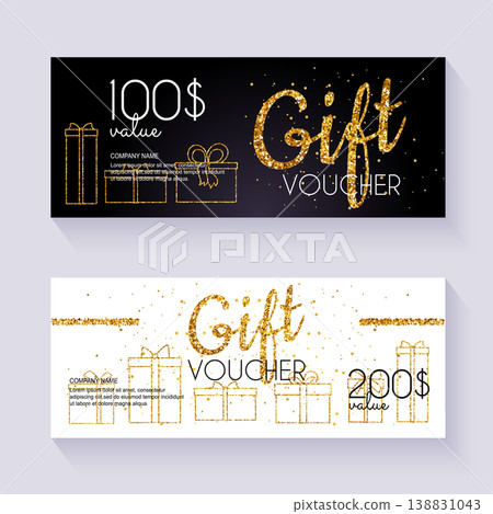 Voucher template with color gift box, certificate. Background design coupon, invitation, currency. Vector illustration. Voucher template with color gift box, certificate. Background design coupon, invitation, currency. Vector illustration. 138831043