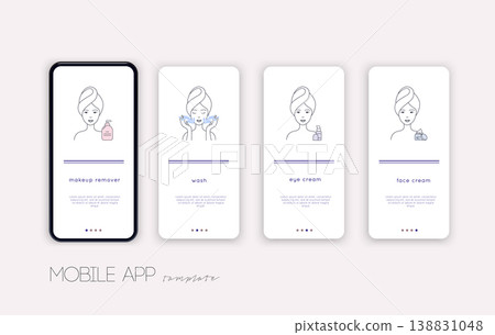 Onboarding screens user interface kit for mobile app templates concept of skin care. Steps how to apply facial mask. Skincare vector. Onboarding screens user interface kit for mobile app templates concept of skin care. Steps how to apply facial mask. Skincare vector. 138831048