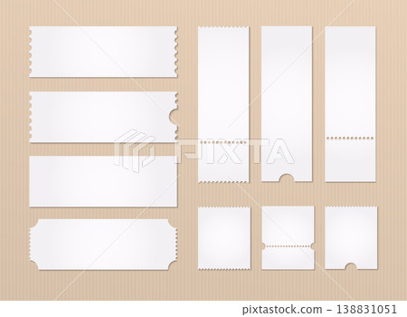 Set of blank ticket mockup template. Concert ticket, coupon. Vector illustration. Set of blank ticket mockup template. Concert ticket, coupon. Vector illustration. 138831051