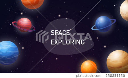 Horizontal abstract space vector banner. Space background with abstract shape and planets. 138831130
