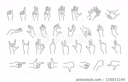 Hands in various gestures. Line design. Flat design modern vector illustration concept. Hands in various gestures. Line design. Flat design modern vector illustration concept. 138831149