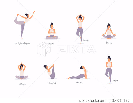 Woman in various poses of yoga. Shapes of woman doing yoga fitness workout. Set of yoga positions. 138831152