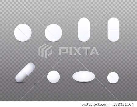 Realistic White Medical Pill Icon Set. Vector illustration of pharmaceutical. 138831164