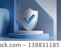 blue metal shield with blue symbol 138831185