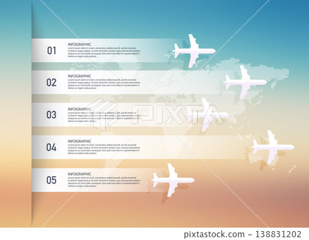 Airplane and world map infographic. Can be used for website layout, numbered banners, diagram, horizontal cutout lines, web design. Airplane and world map infographic. Can be used for website layout, numbered banners, diagram, horizontal cutout lines, web design. 138831202
