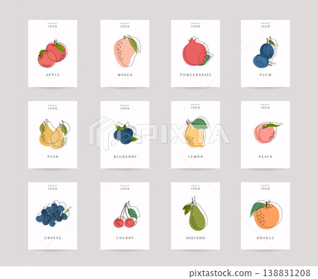 Vector hand drawn fruits posters. Eco foods. Colorful vector icons' set of fruits and vegetables. Vector hand drawn fruits posters. Eco foods. Colorful vector icons' set of fruits and vegetables. 138831208