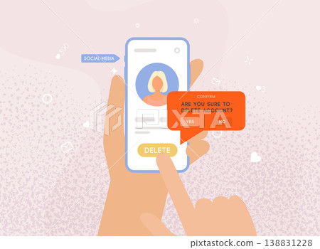 Hands deleting account an account from social network on smartphone. Vector illustration. Hands deleting account an account from social network on smartphone. Vector illustration. 138831228