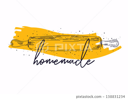 Homemade phrase handwritten with cursive calligraphic font on rolling pin. Homemade phrase handwritten with cursive calligraphic font on rolling pin. 138831234