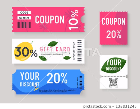 Vector Gift Voucher with Coupon Code. Sale labels with discount numbers. 138831243