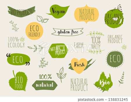 Collection of green labels and badges for organic, natural, bio and eco friendly products. Vintage vector,green colors. 138831245
