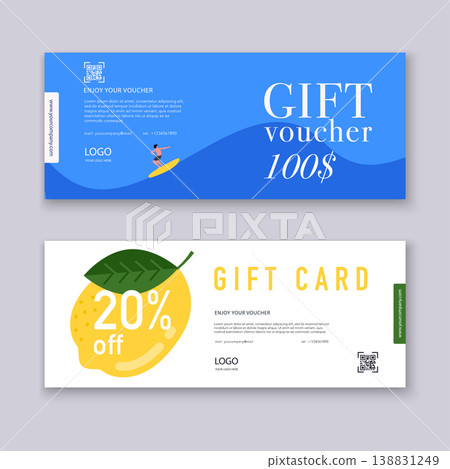 Voucher template with color gift box, certificate. Background design coupon, invitation, currency. Vector illustration. Voucher template with color gift box, certificate. Background design coupon, invitation, currency. Vector illustration. 138831249