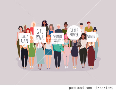 Women protesters. Vector illustration of people holding signs, banner and placards on a protest demostration or picket. 138831260