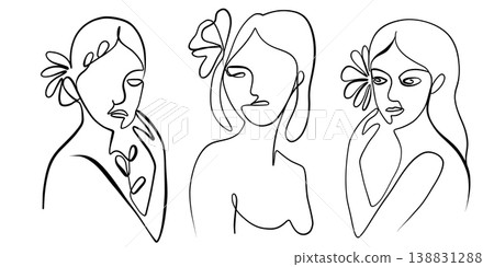 A set of abstract girls with flowers, drawn in single lines. Minimalistic A set of abstract girls with flowers, drawn in single lines. Minimalistic 138831288