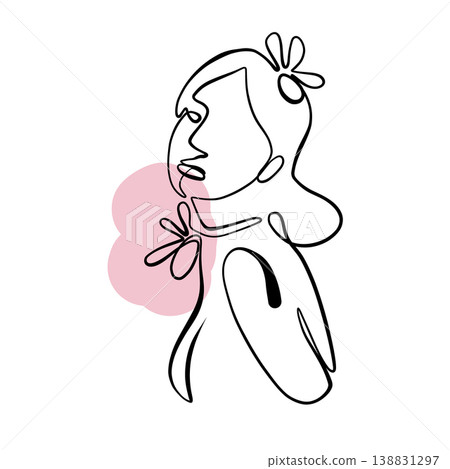 A line drawing of an abstract girl with flowers, drawn in one line. Minimalistic A line drawing of an abstract girl with flowers, drawn in one line. Minimalistic 138831297
