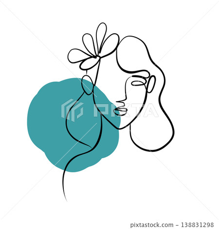 A line drawing of an abstract girl with flowers, drawn in one line. Minimalistic A line drawing of an abstract girl with flowers, drawn in one line. Minimalistic 138831298