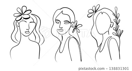 A set of abstract girls with flowers, drawn in single lines. Minimalistic 138831301