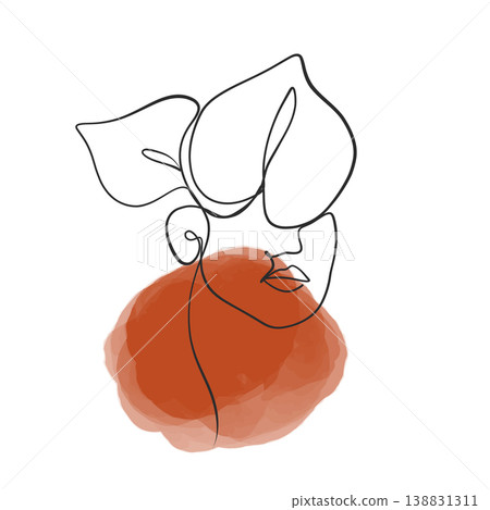 A line drawing of an abstract girl with flowers, drawn in one line. Minimalistic 138831311