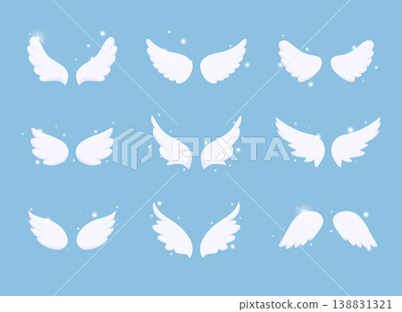 Set of hand drawn bird or angel wings with light effect. Different shape in open position. Set of hand drawn bird or angel wings with light effect. Different shape in open position. 138831321