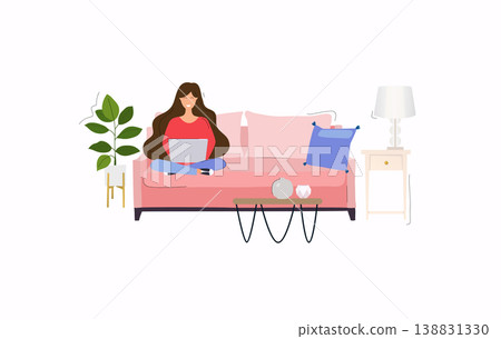Girls working at home. Young woman sitting on a sofa and using laptop. Freelance, self employed, freedom, in living room. Girls working at home. Young woman sitting on a sofa and using laptop. Freelance, self employed, freedom, in living room. 138831330