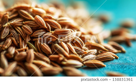 Close-up macro texture of brown cumin seeds on a vibrant teal surface Close-up macro texture of brown cumin seeds on a vibrant teal surface 138831361