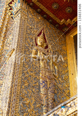 Patterned walls, frames, and roof edges create a rich study of Thai temple design. Repeated motifs and colors fill each close architectural view. 138831406